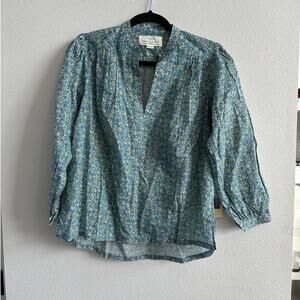 TROVATA Birds of Paradis Bailey Floral Tidepool Ditsy Blouse Popover Size XS